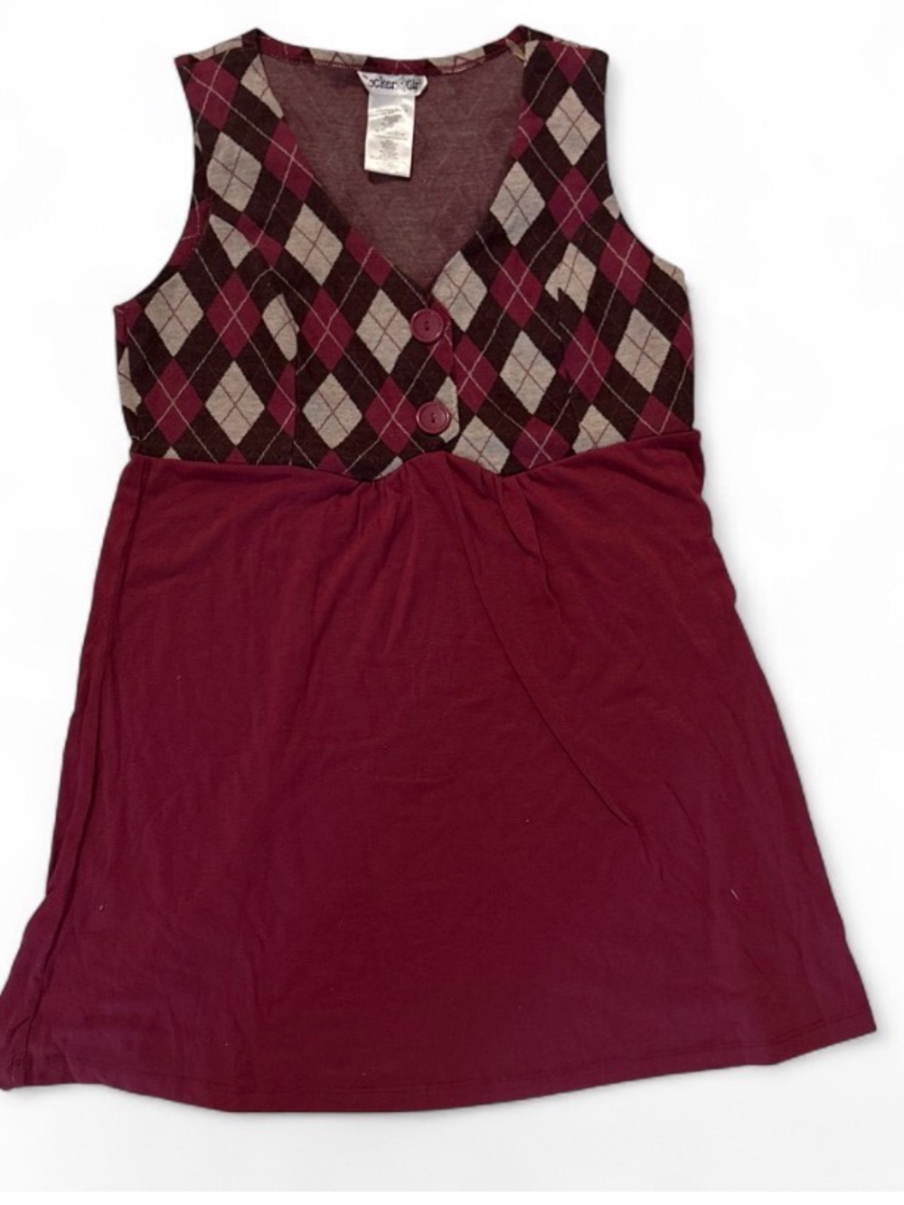 Sleeveless Burgundy Argyle-Top Casual Dress